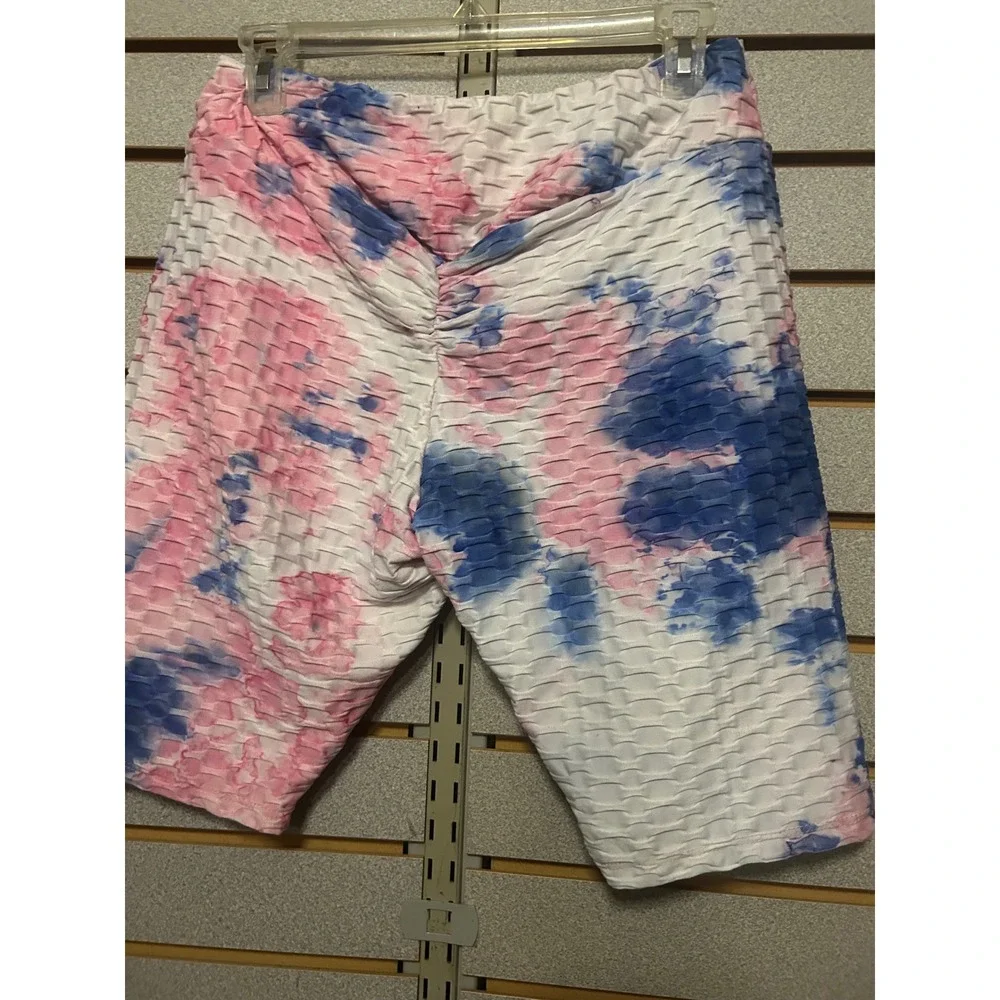 Hot Kiss Pink Blue Tie Dye Honeycomb Bubble Scrunch Butt Biker Shorts XL Womens